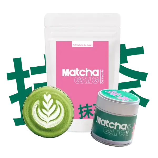 Matcha japonais Matcha Gang en sachet et boîte avec un matcha latte